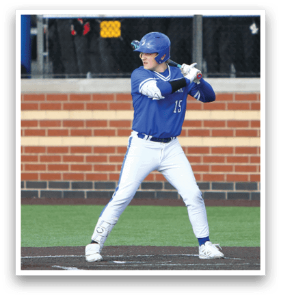 A baseball player in a blue and white uniform is swinging a bat. Description generated by AI