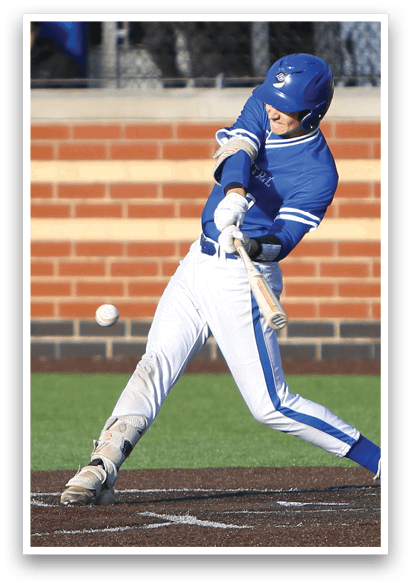 A baseball player is swinging a bat at a ball. Description generated by AI