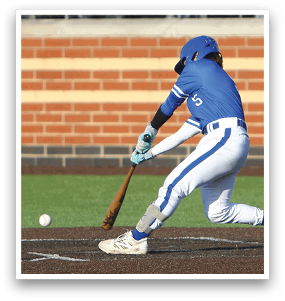 A baseball player is swinging a bat at a ball. Description generated by AI