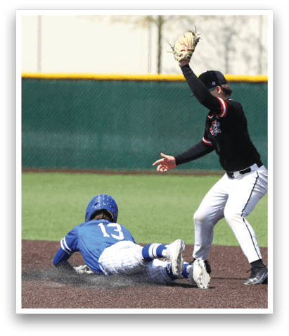 A baseball player slides into a base. Description generated by AI