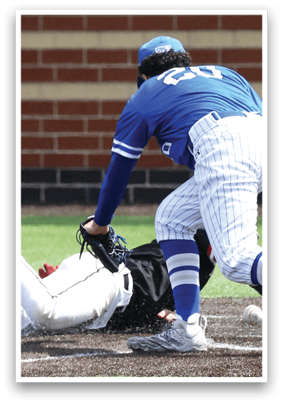 A baseball player slides into a base. Description generated by AI