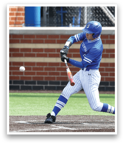 A baseball player is swinging a bat at a ball. Description generated by AI