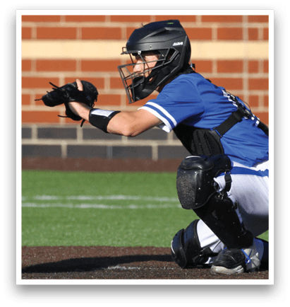 A baseball player is kneeling down with a catcher's mitt on. Description generated by AI