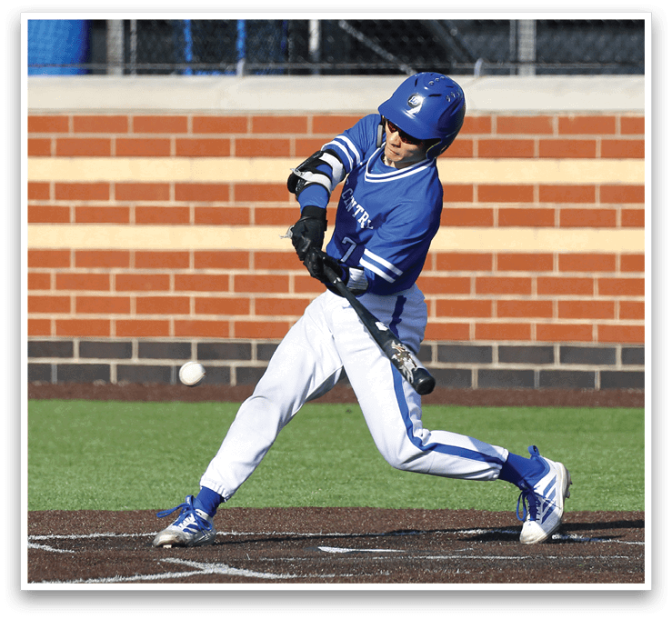 A baseball player is swinging a bat at a ball. Description generated by AI