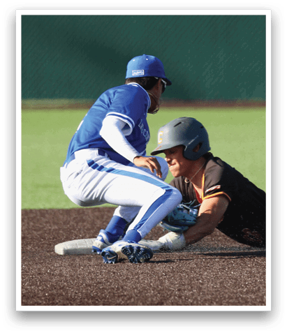 A baseball player slides into a base. Description generated by AI