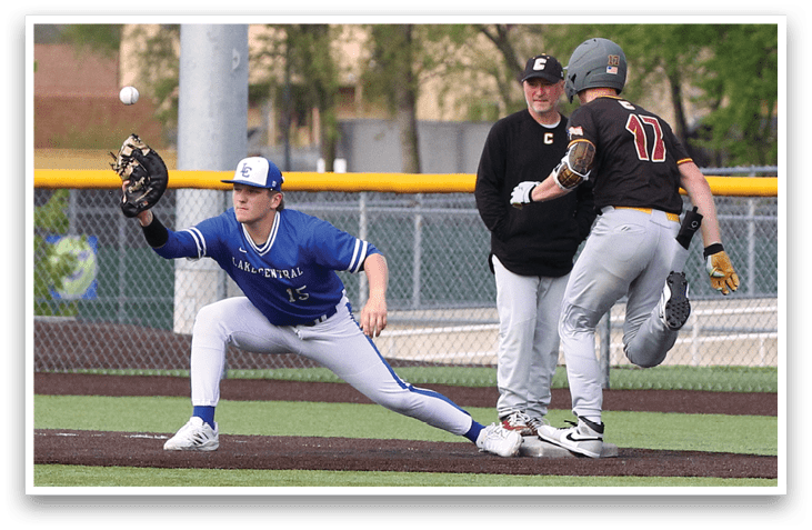 A baseball player in a blue uniform is sliding into a base. Description generated by AI