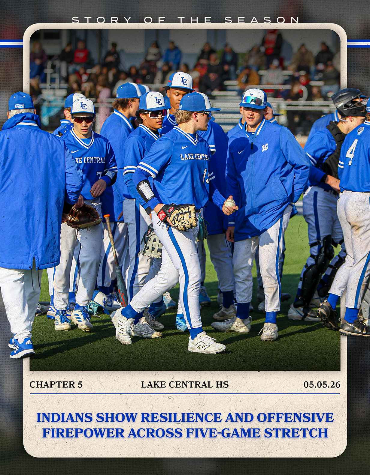 A group of baseball players wearing blue uniforms. Description generated by AI