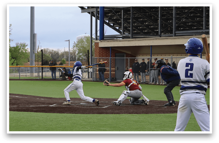 Baseball game in progress with players on the field. Description generated by AI