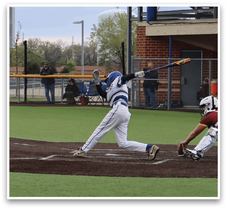 A baseball game is taking place with a batter at home plate. Description generated by AI