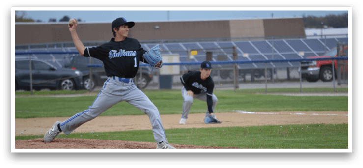 A baseball player in a black jersey is pitching a ball. Description generated by AI