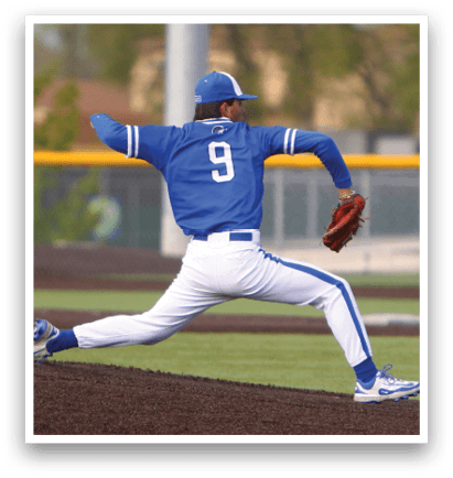 A baseball player in a blue and white uniform is throwing a ball. Description generated by AI