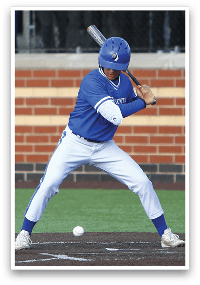 A baseball player is swinging a bat at a ball. Description generated by AI