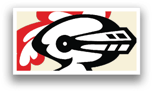 A red and white logo with a rooster head and a guitar. Description generated by AI