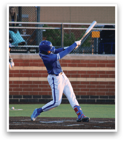 A baseball player in a blue uniform is swinging a bat. Description generated by AI