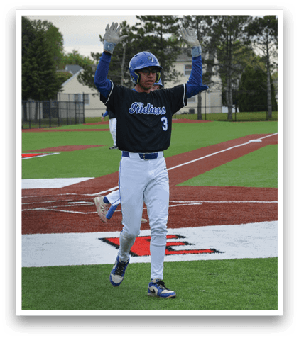 A baseball player wearing a blue helmet and black jersey. Description generated by AI