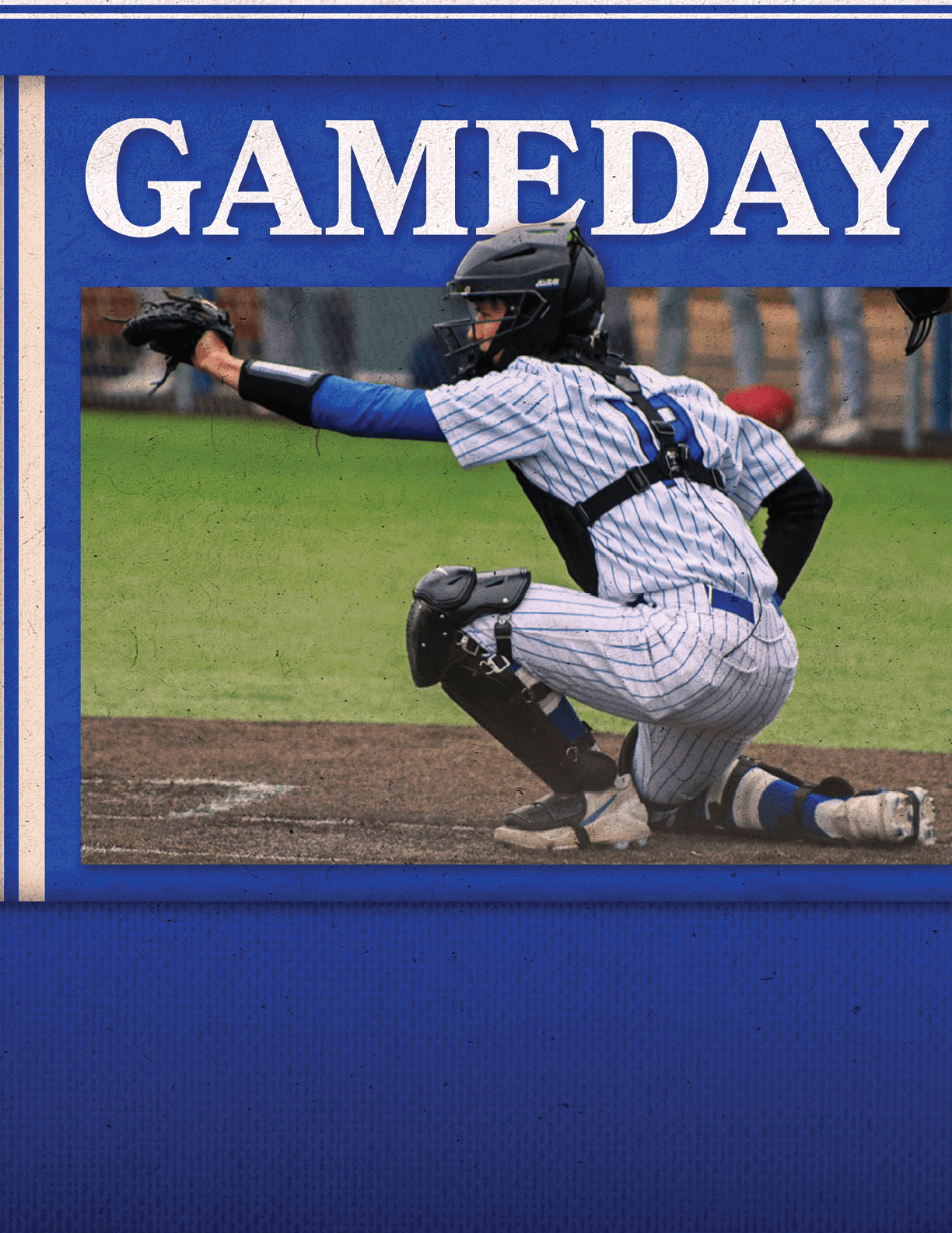 A baseball player in a blue and white uniform squatting on the ground. Description generated by AI