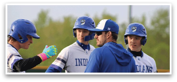 Three baseball players wearing blue and white uniforms. Description generated by AI