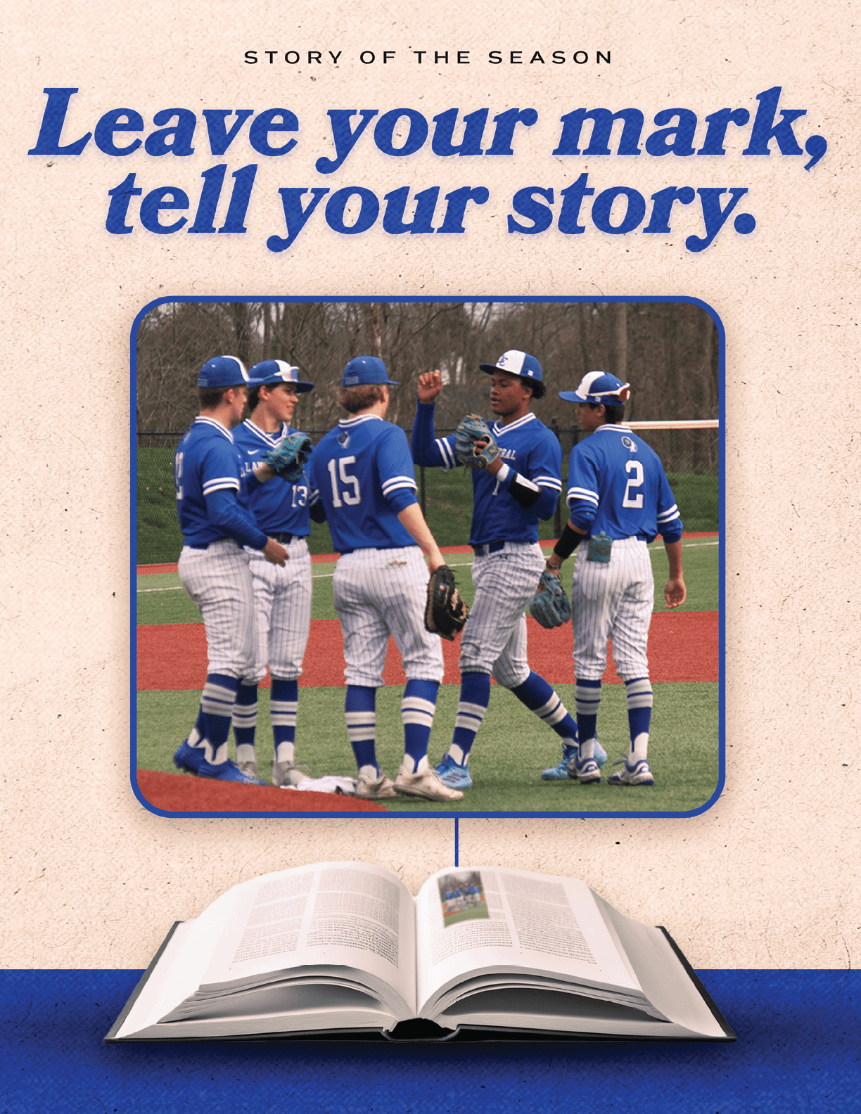 A group of baseball players wearing blue uniforms and white pants, standing on a field. AI generated content