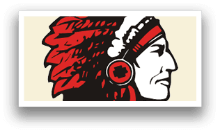 A Native American Indian head with a red and black headdress. Description generated by AI