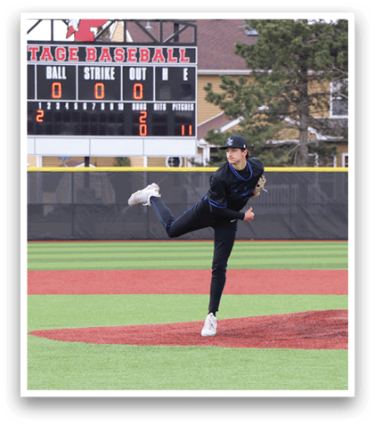 A pitcher in a blue shirt and black pants is throwing a baseball. Description generated by AI