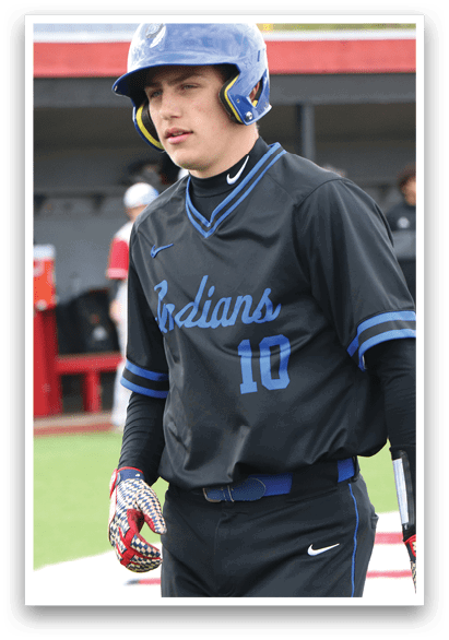 A baseball player wearing a blue and black uniform with the number 10 on the back. Description generated by AI