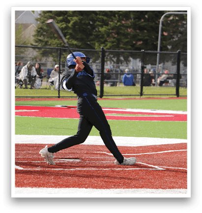 A baseball player is swinging a bat at a ball. Description generated by AI