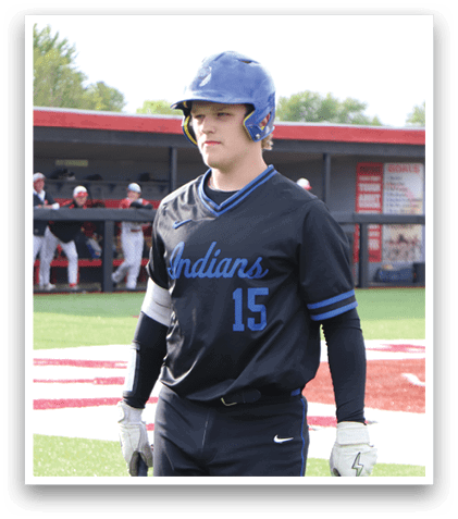 A baseball player wearing a blue and black uniform. Description generated by AI