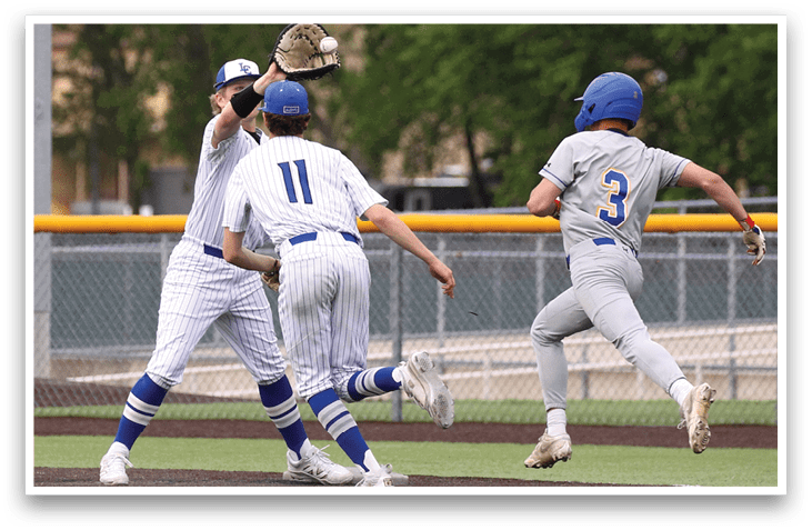 A baseball player catching a ball. Description generated by AI
