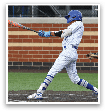 A baseball player is swinging a bat at a ball. Description generated by AI
