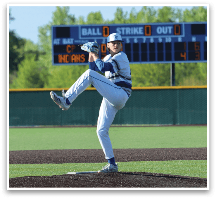 A baseball player in a white and blue uniform is throwing a ball. Description generated by AI