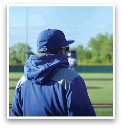 A man wearing a blue hat and jacket. Description generated by AI