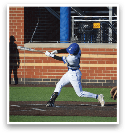 A baseball player is swinging a bat at a ball. Description generated by AI