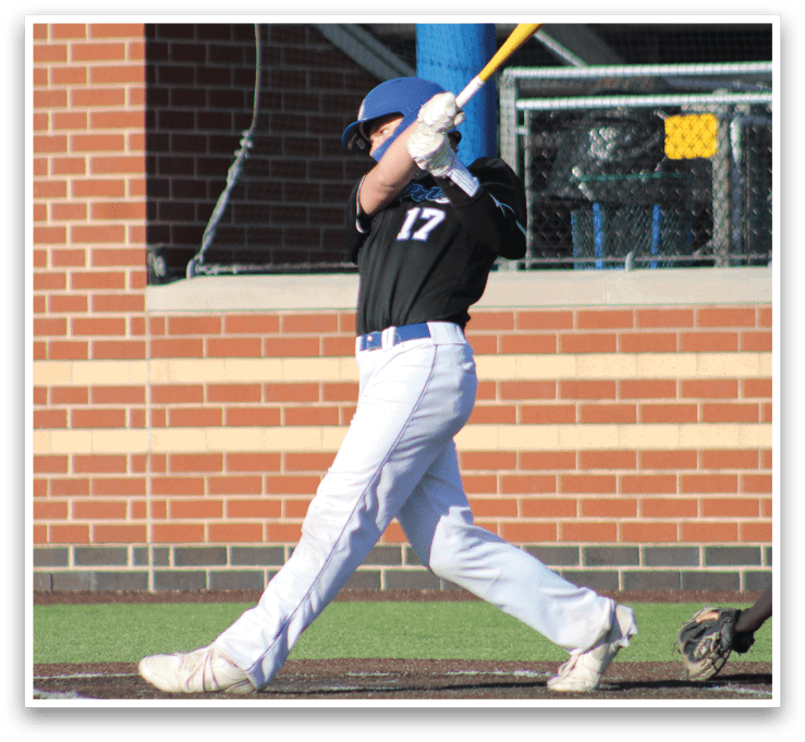 A baseball player wearing a blue helmet and black shirt is swinging a bat. Description generated by AI