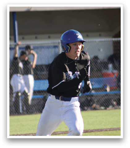 A baseball player wearing a blue helmet and black shirt. Description generated by AI