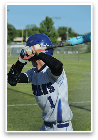 A baseball player wearing a blue helmet and white jersey. Description generated by AI