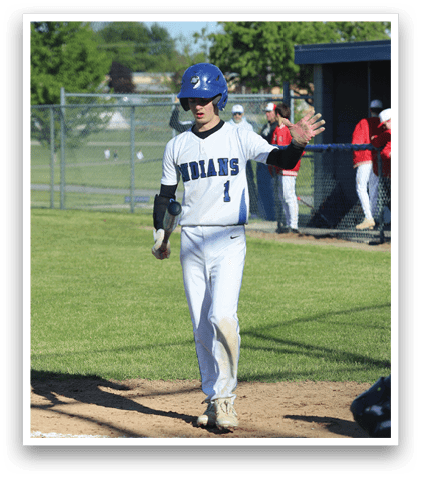 A baseball player wearing a blue helmet and white uniform. Description generated by AI