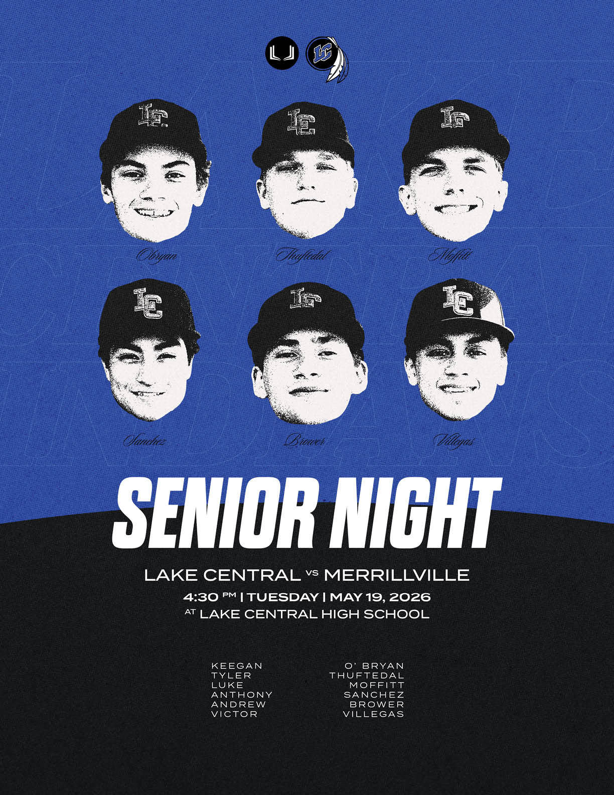 A blue poster with the words “Senior Night" written in white. Description generated by AI