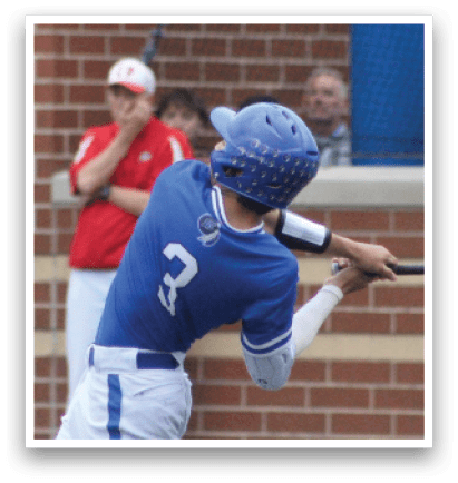 A baseball player is swinging a bat at a ball. Description generated by AI