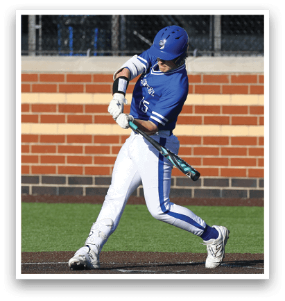 A baseball player is swinging a bat at a ball. Description generated by AI