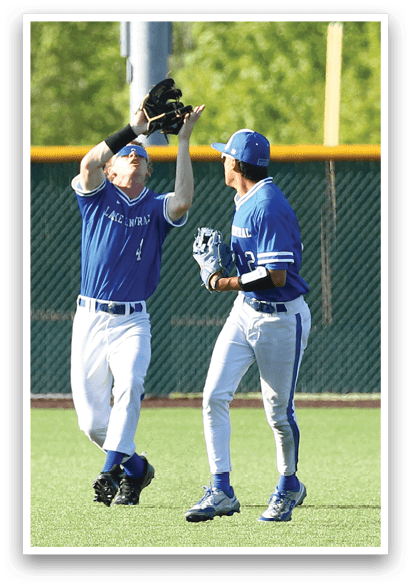Two baseball players celebrating a catch. Description generated by AI