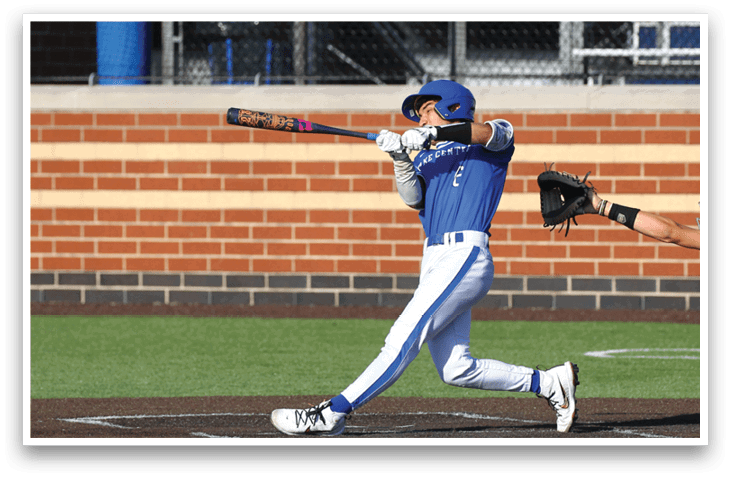 A baseball player is swinging a bat at a ball. Description generated by AI