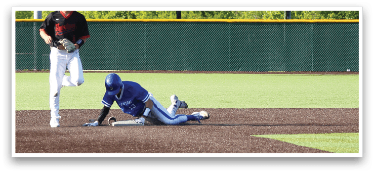A baseball player slides into a base. Description generated by AI