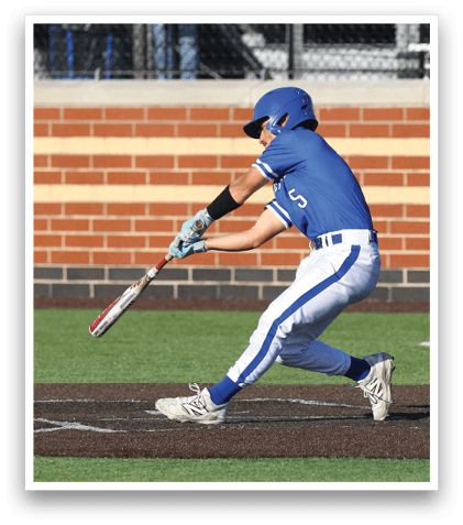 A baseball player is swinging a bat at a ball. Description generated by AI
