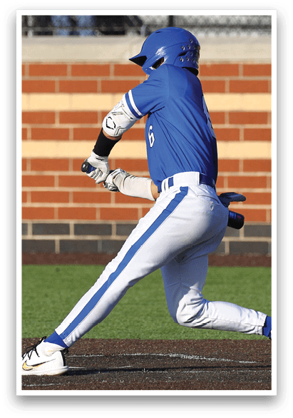 A baseball player is swinging his bat at a ball. Description generated by AI