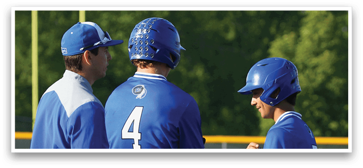 A baseball player wearing a blue helmet. Description generated by AI