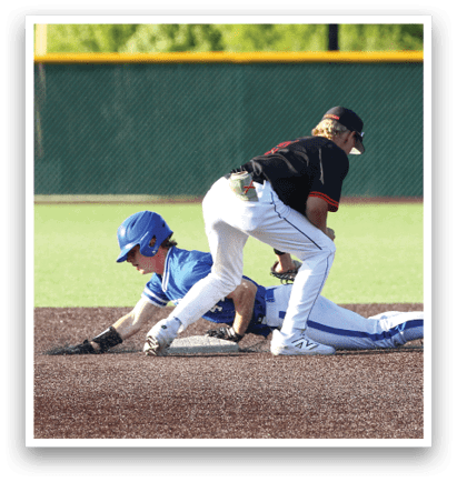 A baseball player slides into the base while another player tries to catch the ball. Description generated by AI