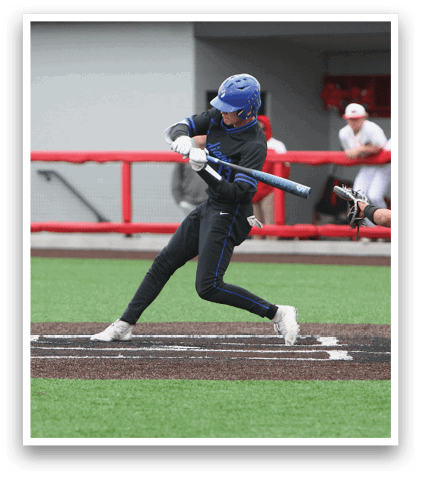 A baseball player is swinging a bat at a ball. Description generated by AI