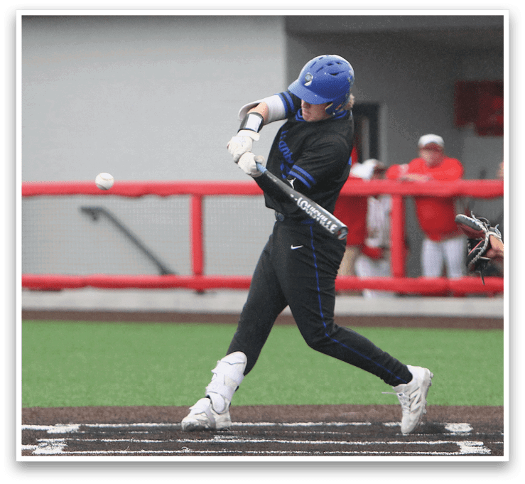 A baseball player is swinging a bat at a ball. Description generated by AI