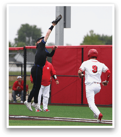 A baseball player is jumping in the air to catch a ball. Description generated by AI