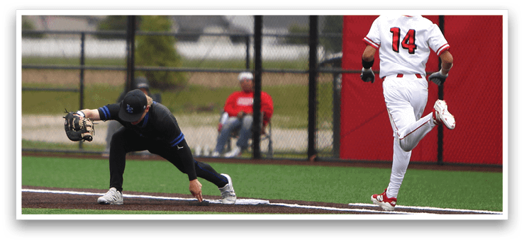 A baseball player slides into a base. Description generated by AI